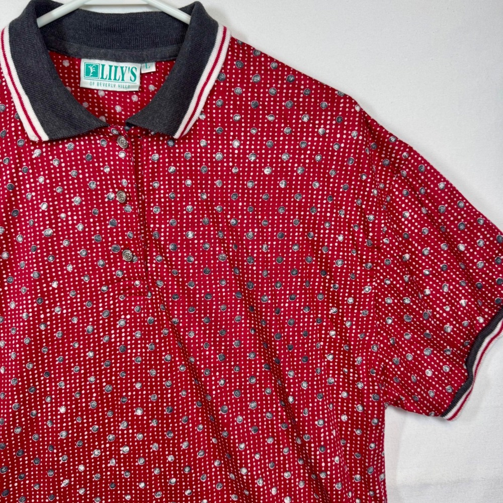 Lily's of Beverly Hills Polka Dot‎ Polo Shirt Short Sleeve Top Red Sz Large
